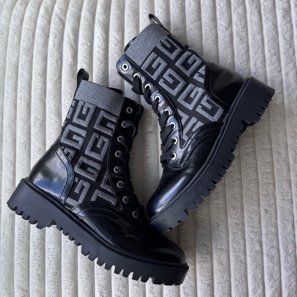 Black and Gray Logo Combat Boots